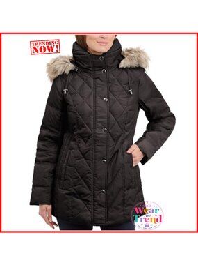 Quilted Down Puffer Coat Diamond Stitch Fur Hood Winter Long